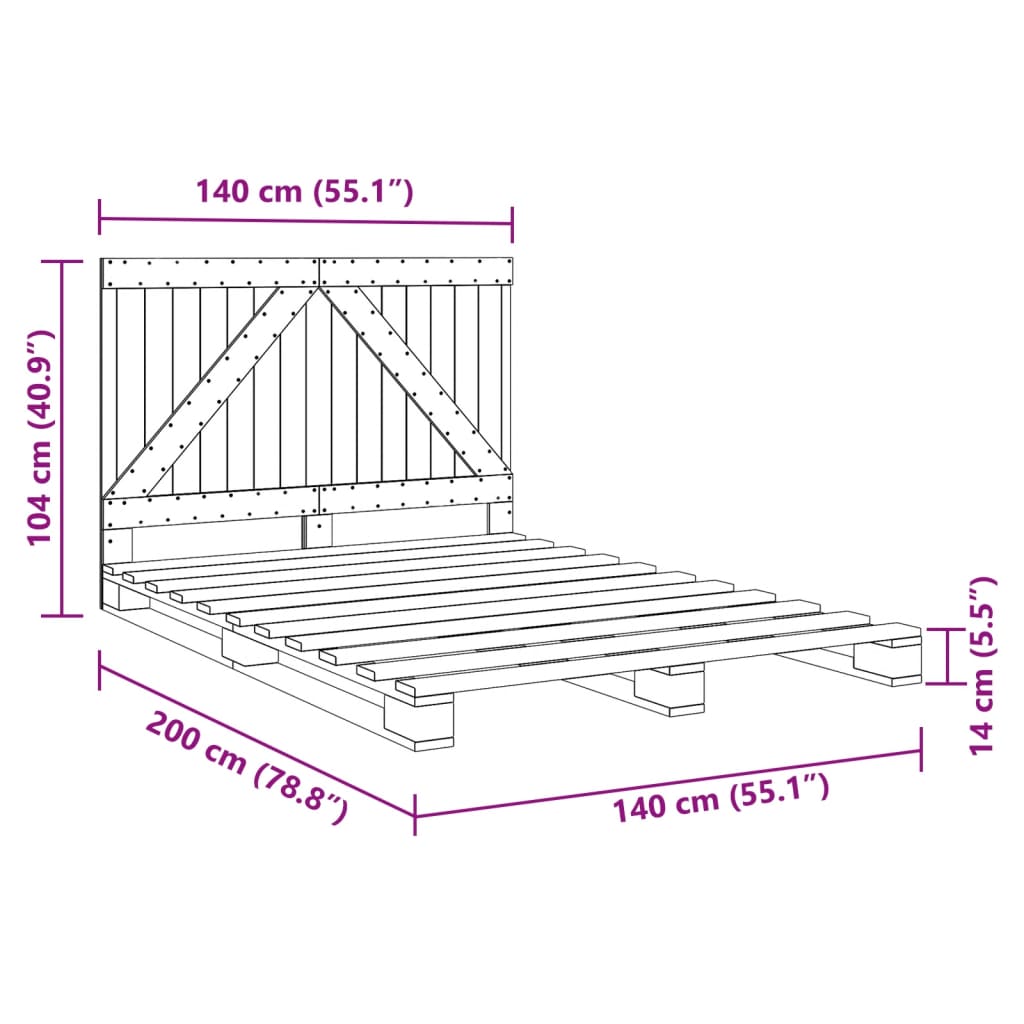 Bedframe met hoofdbord massief grenenhout wit 140x200 cm