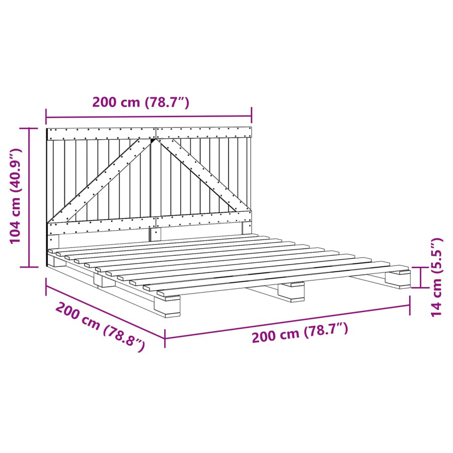 Bedframe met hoofdbord massief grenenhout 200x200 cm