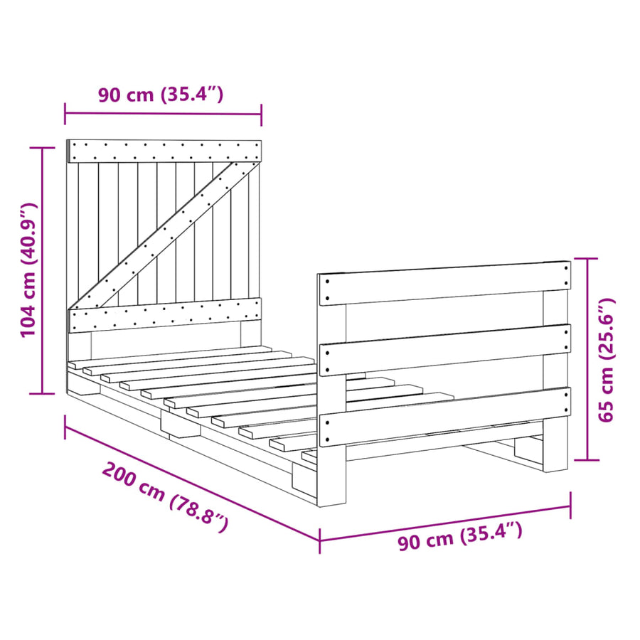 Bedframe met hoofdbord massief grenenhout 90x200 cm