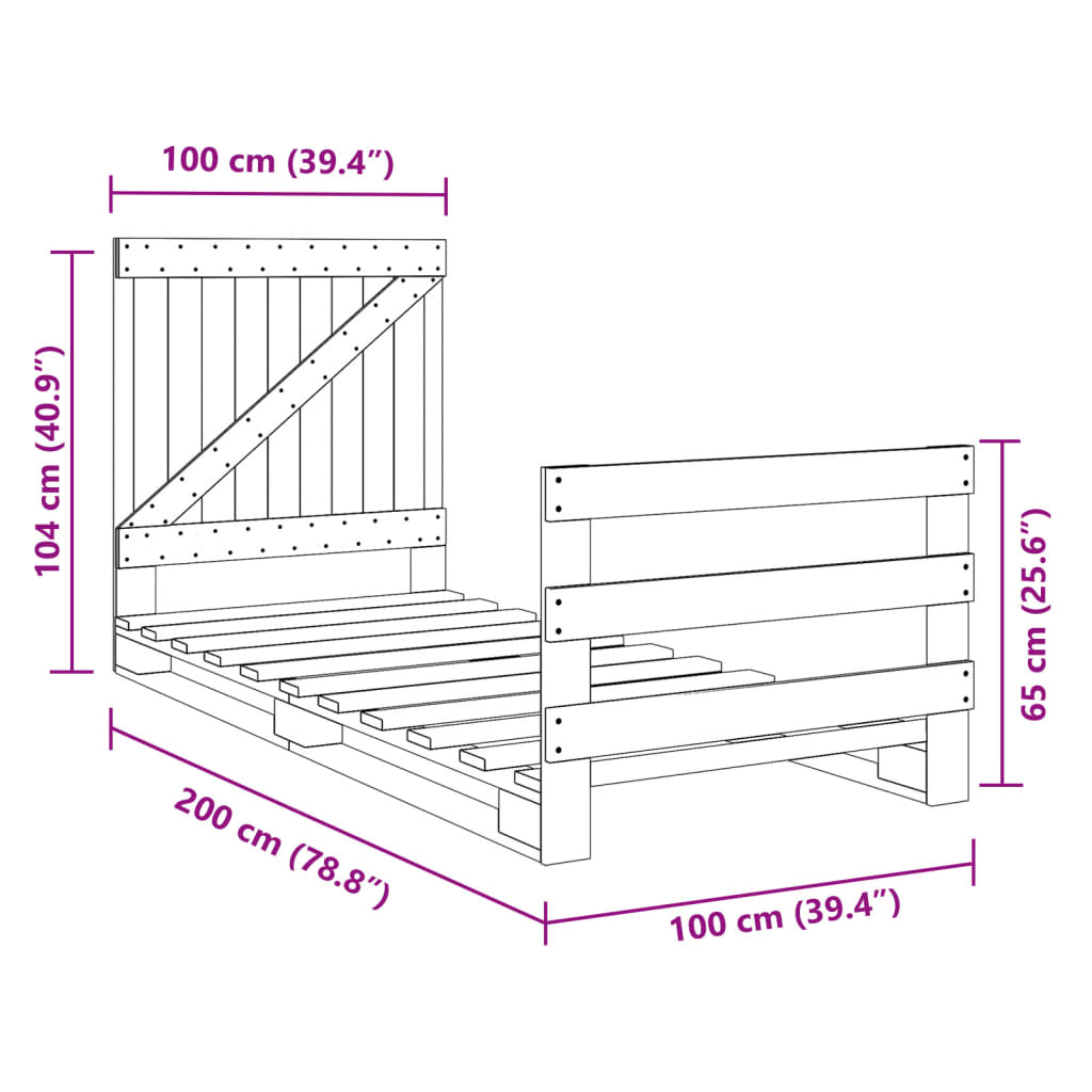 Bedframe met hoofdbord massief grenenhout 100x200 cm