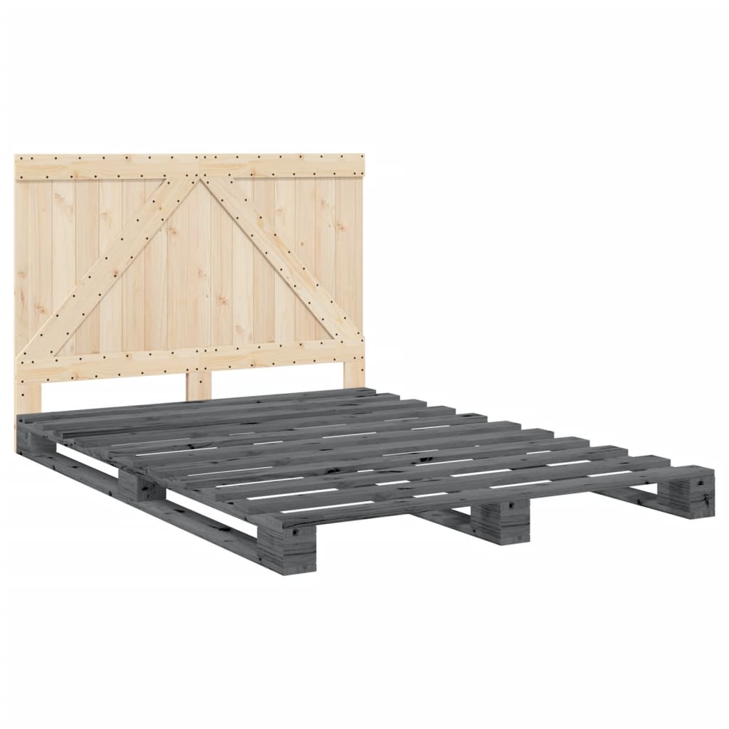 Bedframe met hoofdbord massief grenenhout grijs 140x200 cm