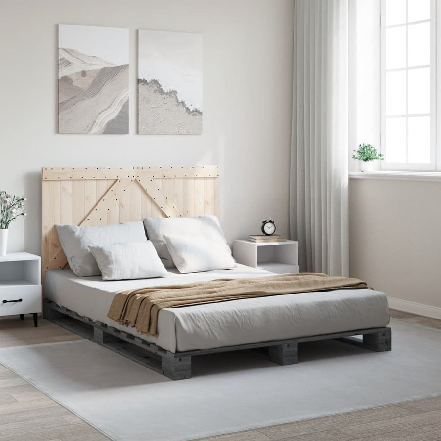 Bedframe met hoofdbord massief grenenhout grijs 140x200 cm