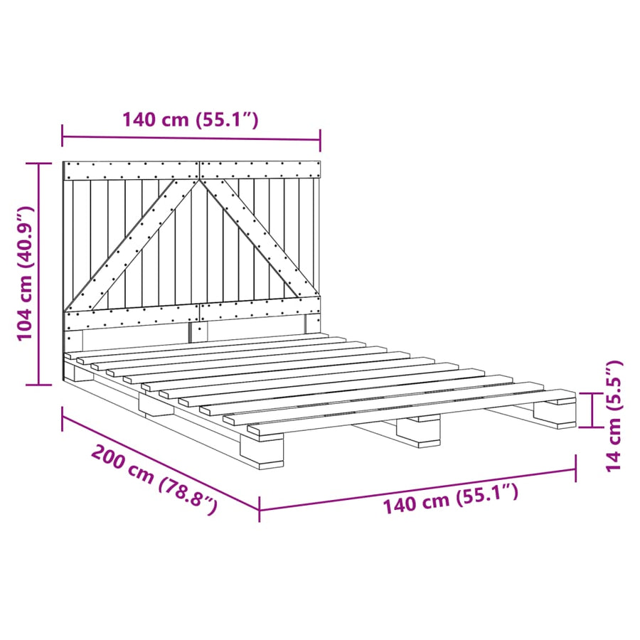 Bedframe met hoofdbord massief grenenhout grijs 140x200 cm