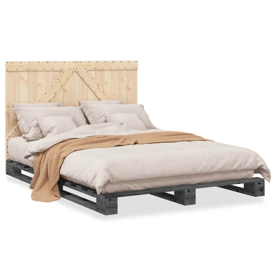 Bedframe met hoofdbord massief grenenhout grijs 140x200 cm