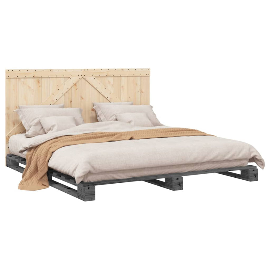 Bedframe met hoofdbord massief grenenhout grijs 200x200 cm