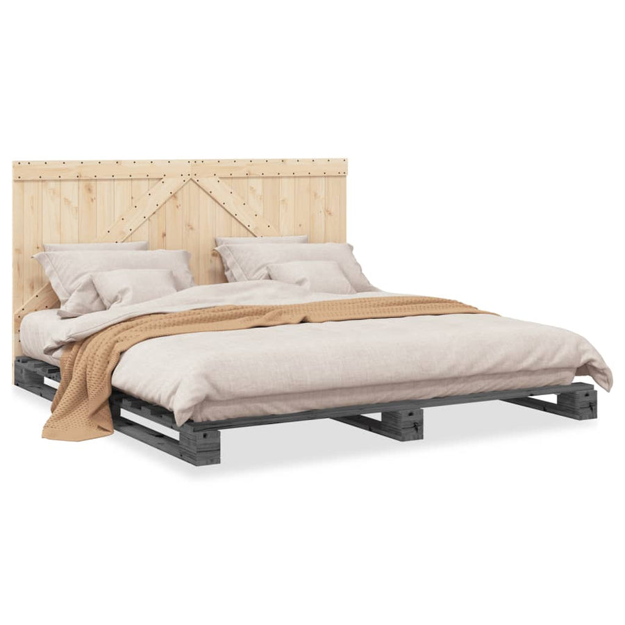 Bedframe met hoofdbord massief grenenhout grijs 200x200 cm