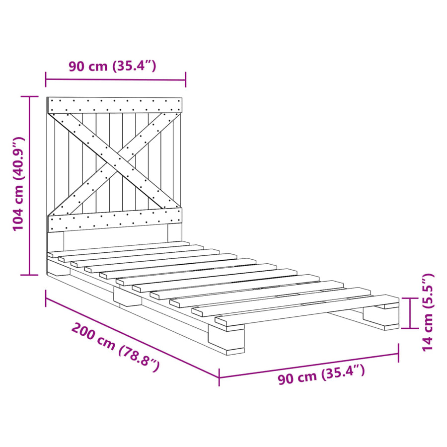 Bedframe met hoofdbord massief grenenhout 90x200 cm