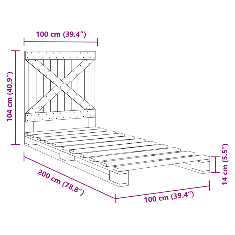 Bedframe Met Hoofdbord Massief Grenenhout Grijs 100X200 Cm