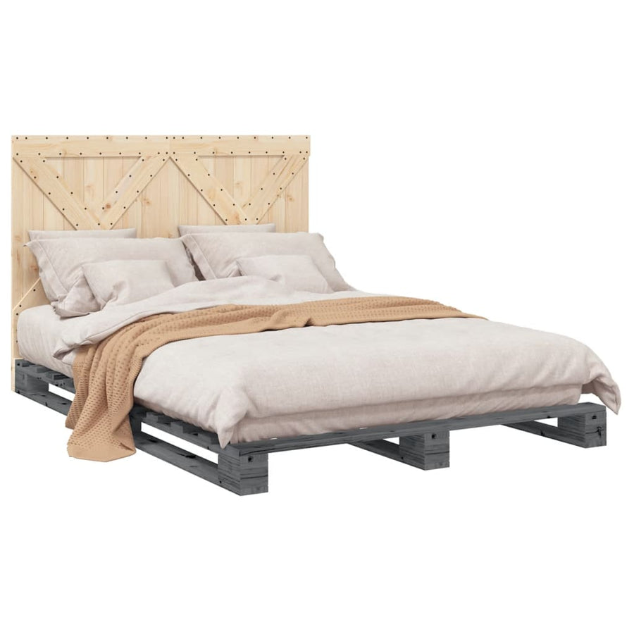 Bedframe met hoofdbord massief grenenhout grijs 140x200 cm