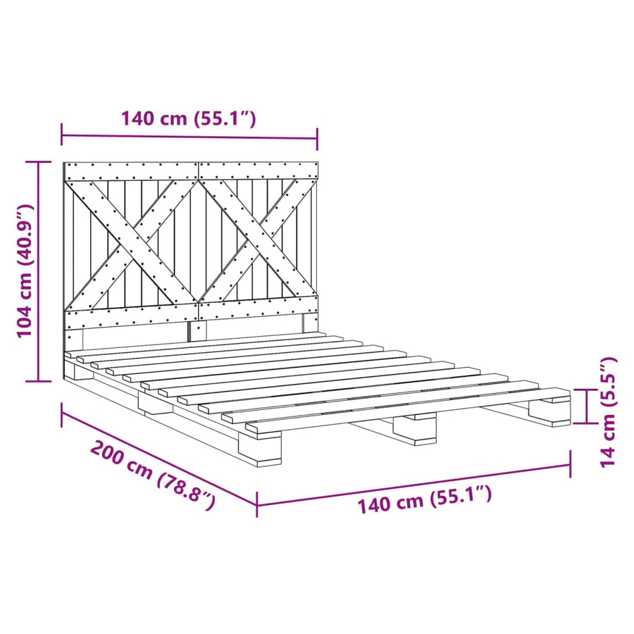 Bedframe met hoofdbord massief grenenhout grijs 140x200 cm