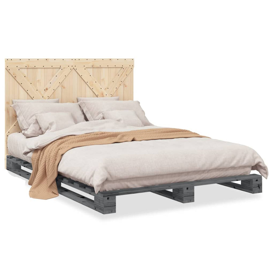 Bedframe met hoofdbord massief grenenhout grijs 140x200 cm