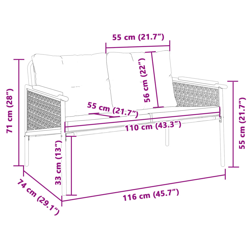 Tuinbank met kussens 116 cm staal zwart
