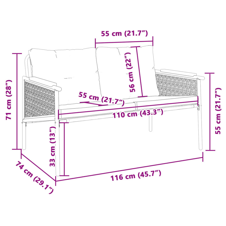 Tuinbank met kussens 116 cm staal zwart