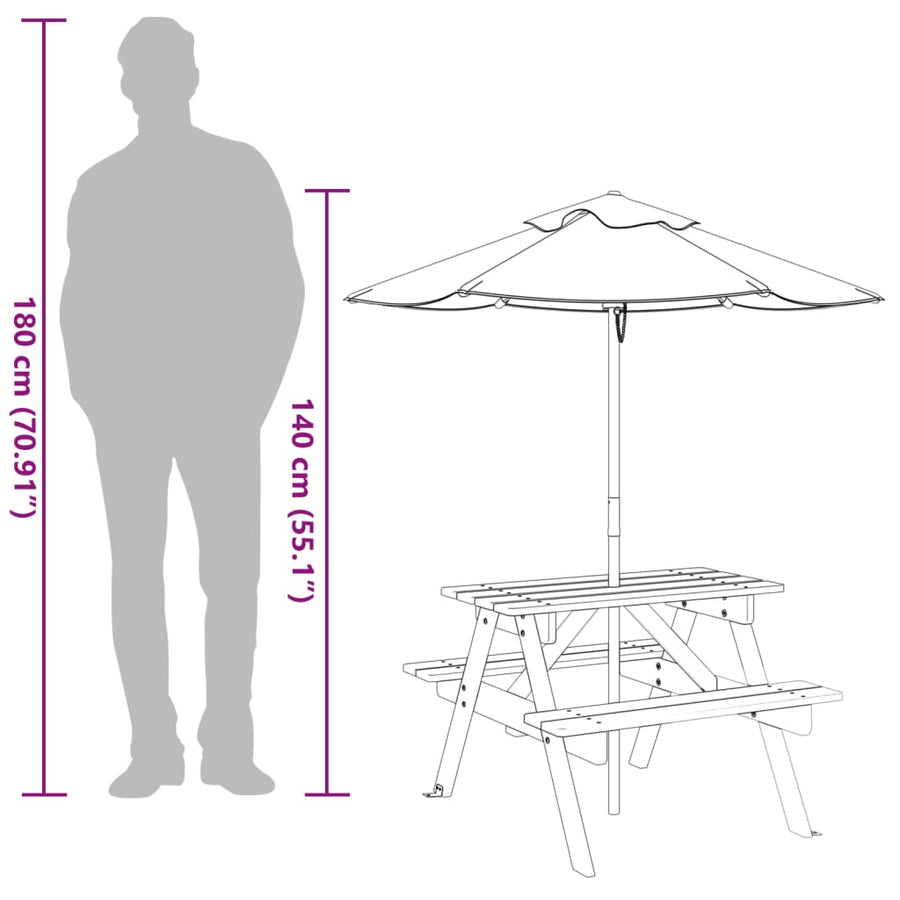 Picknicktafel Voor 4 Kinderen Met Parasol Massief Vurenhout bruin en meerkleurig