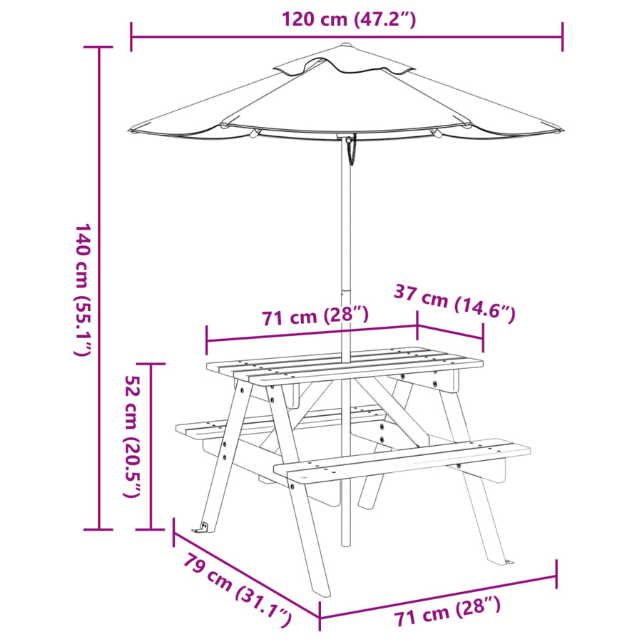 Picknicktafel Voor 4 Kinderen Met Parasol Massief Vurenhout bruin en meerkleurig
