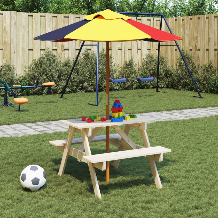 Picknicktafel Voor 4 Kinderen Met Parasol Massief Vurenhout bruin en meerkleurig