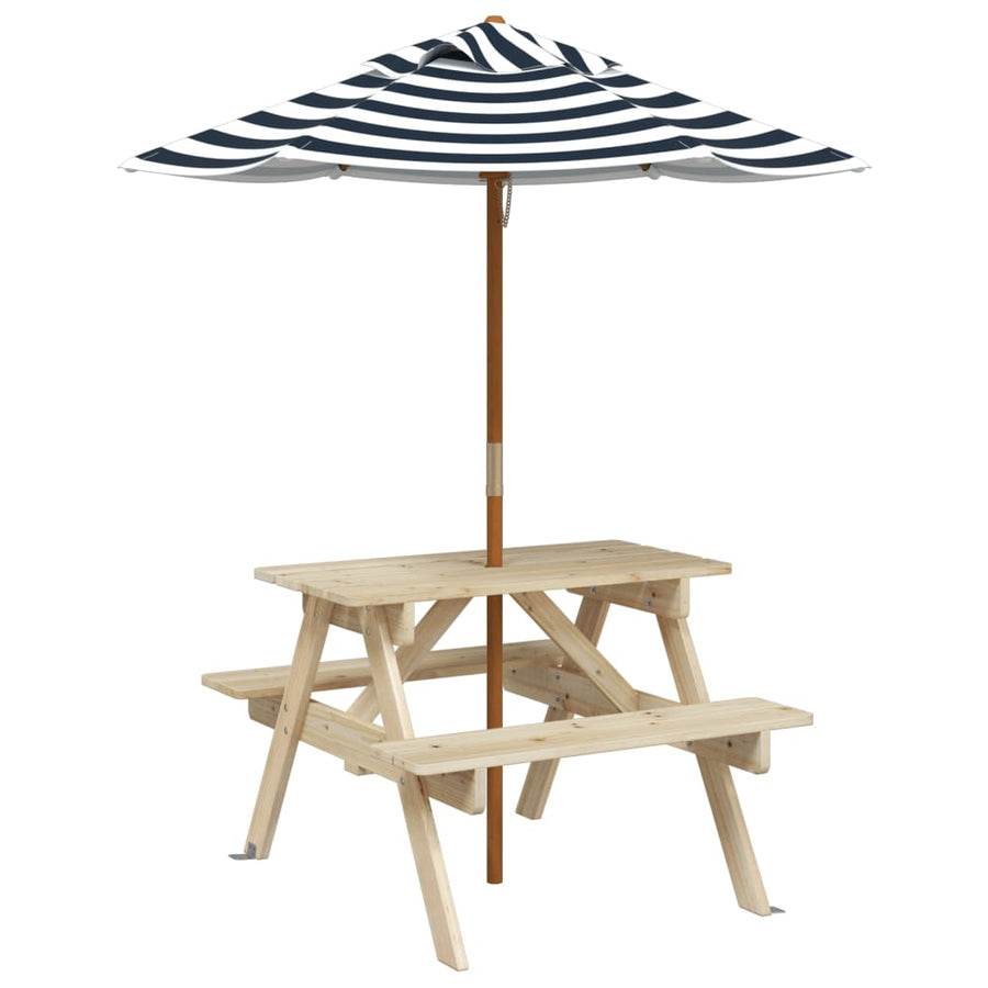 Picknicktafel Voor 4 Kinderen Met Parasol Massief Vurenhout Bruin en blauw