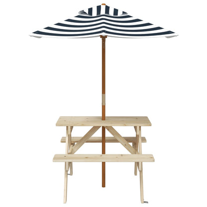 Picknicktafel Voor 4 Kinderen Met Parasol Massief Vurenhout Bruin en blauw
