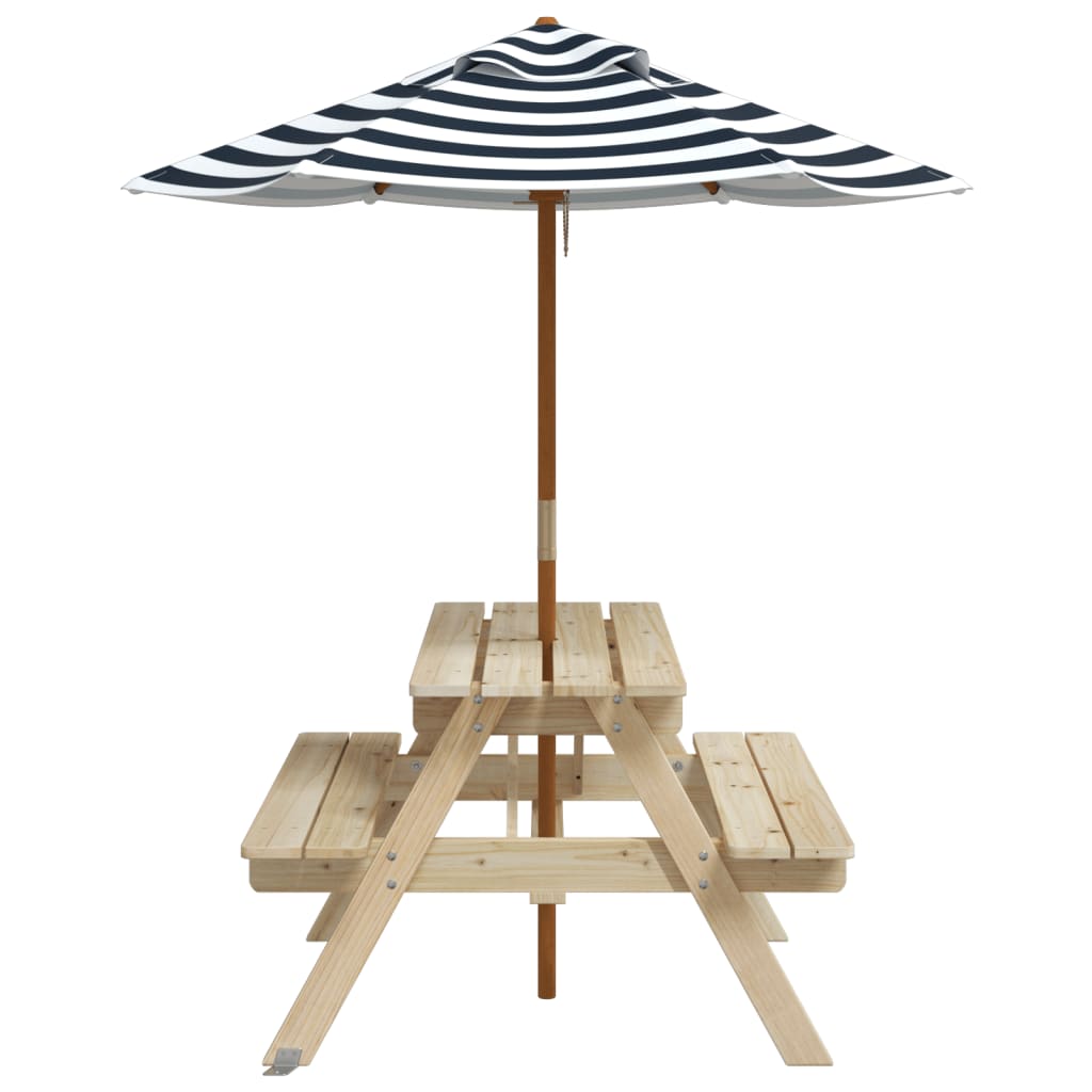 Picknicktafel Voor 4 Kinderen Met Parasol Massief Vurenhout Bruin en blauw