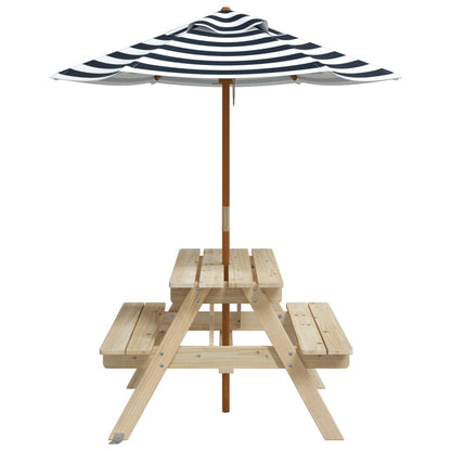 Picknicktafel Voor 4 Kinderen Met Parasol Massief Vurenhout Bruin en blauw