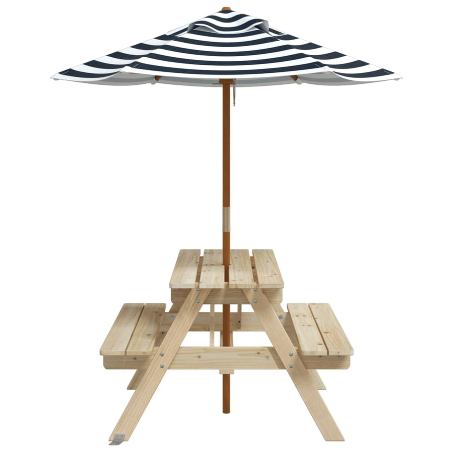 Picknicktafel Voor 4 Kinderen Met Parasol Massief Vurenhout Bruin en blauw