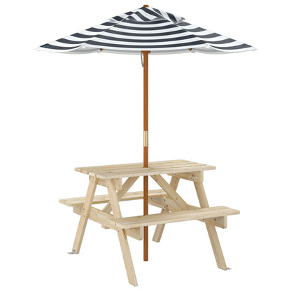 Picknicktafel Voor 4 Kinderen Met Parasol Massief Vurenhout Bruin en blauw