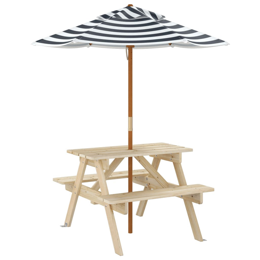 Picknicktafel Voor 4 Kinderen Met Parasol Massief Vurenhout Bruin en blauw