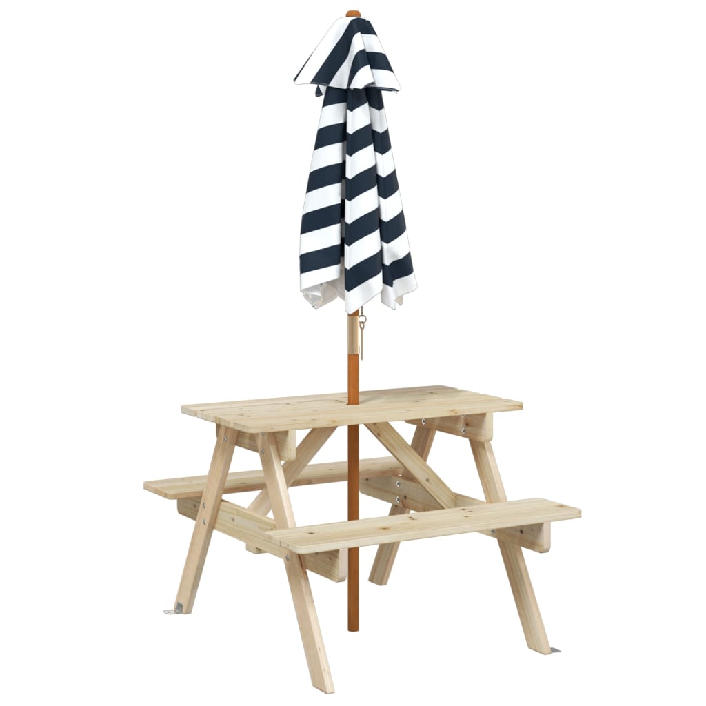 Picknicktafel Voor 4 Kinderen Met Parasol Massief Vurenhout Bruin en blauw