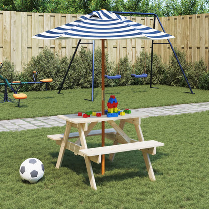 Picknicktafel Voor 4 Kinderen Met Parasol Massief Vurenhout Bruin en blauw