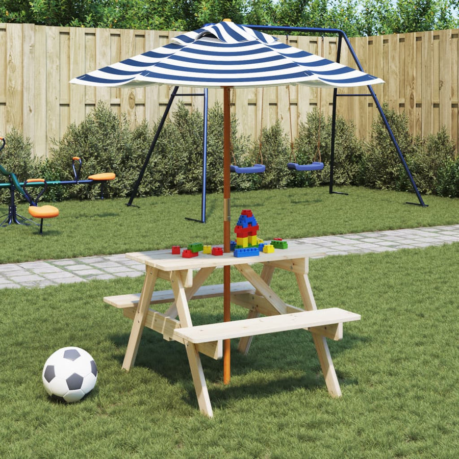 Picknicktafel Voor 4 Kinderen Met Parasol Massief Vurenhout Bruin en blauw