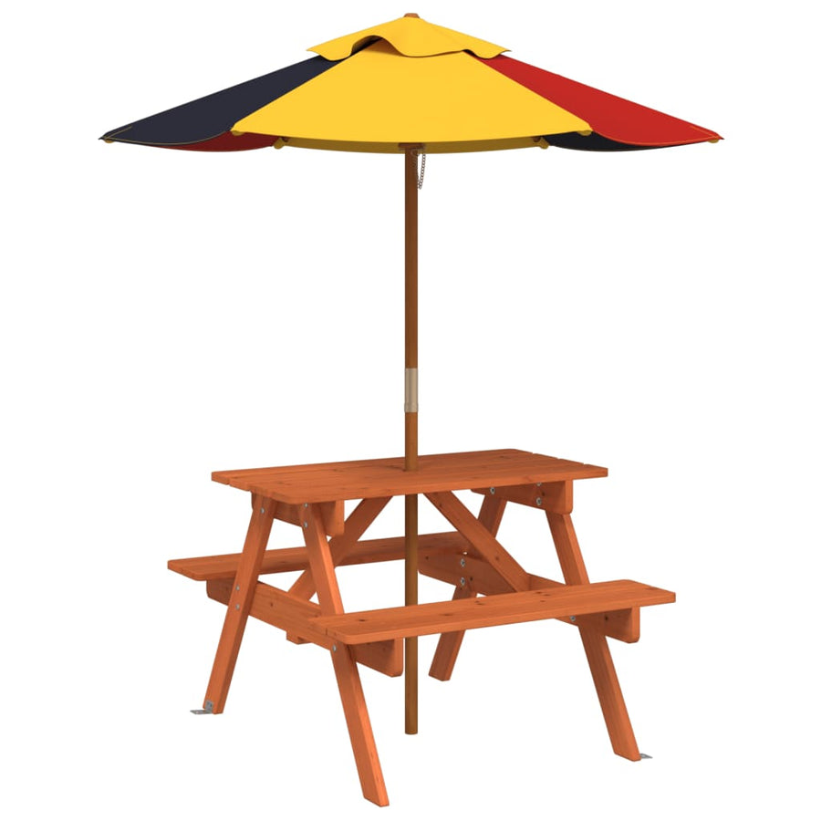 Picknicktafel Voor 4 Kinderen Met Parasol Massief Vurenhout donkerbruin en meerkleurig