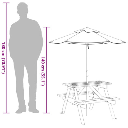 Picknicktafel Voor 4 Kinderen Met Parasol Massief Vurenhout donkerbruin en meerkleurig