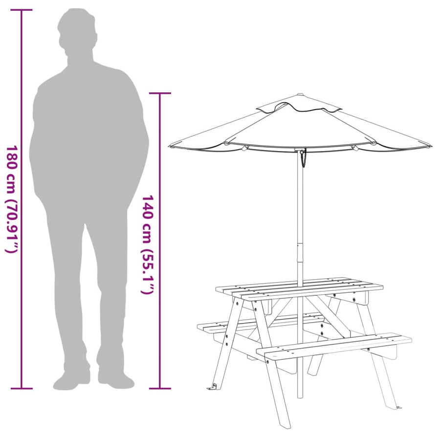 Picknicktafel Voor 4 Kinderen Met Parasol Massief Vurenhout donkerbruin en meerkleurig