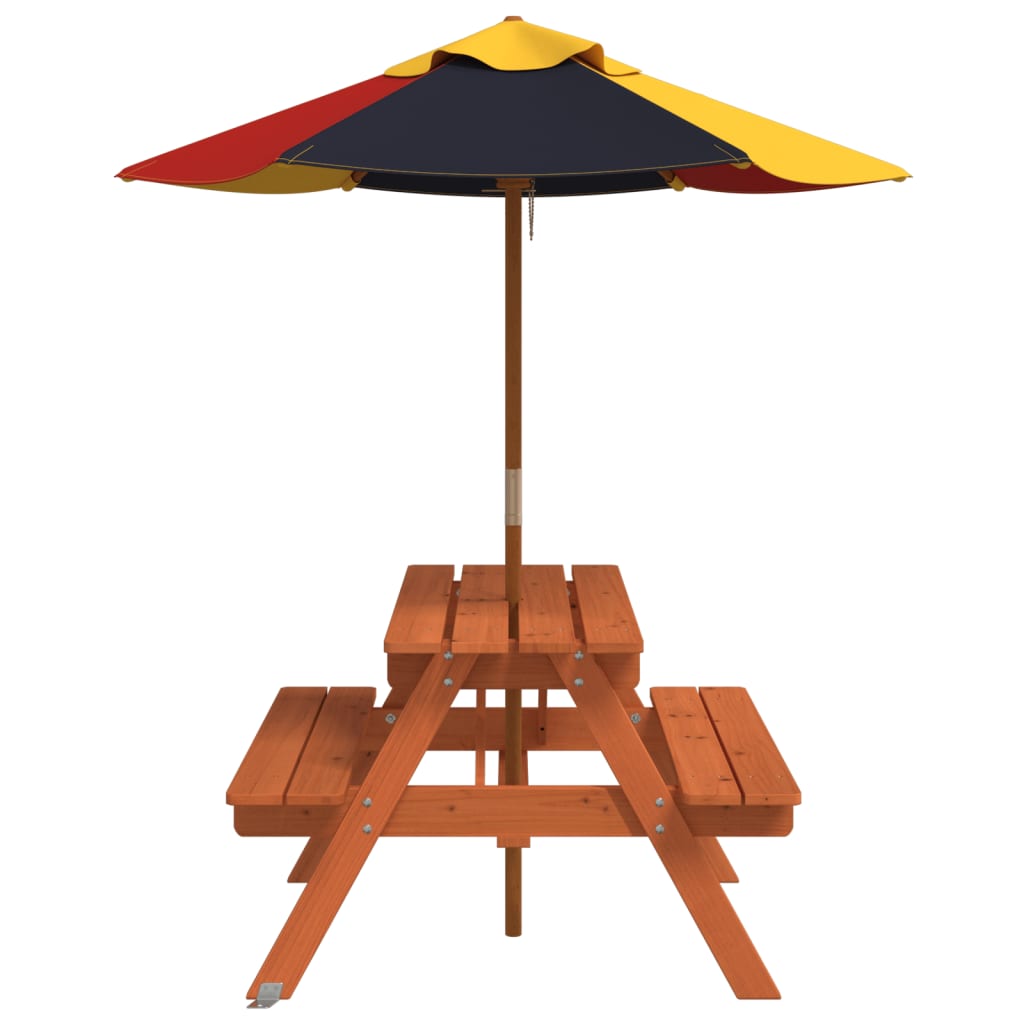 Picknicktafel Voor 4 Kinderen Met Parasol Massief Vurenhout donkerbruin en meerkleurig