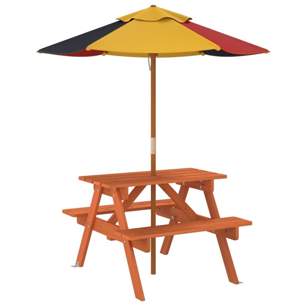 Picknicktafel Voor 4 Kinderen Met Parasol Massief Vurenhout donkerbruin en meerkleurig