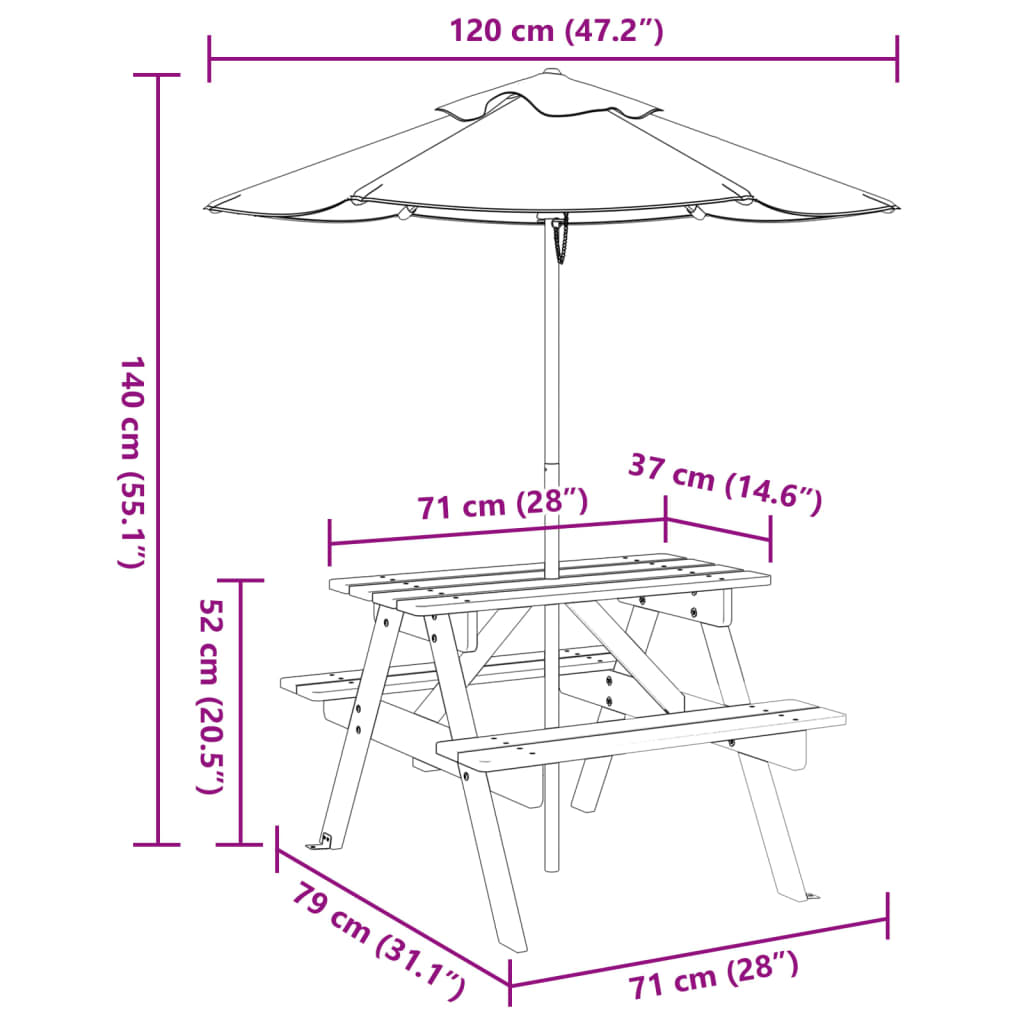 Picknicktafel Voor 4 Kinderen Met Parasol Massief Vurenhout donkerbruin en meerkleurig