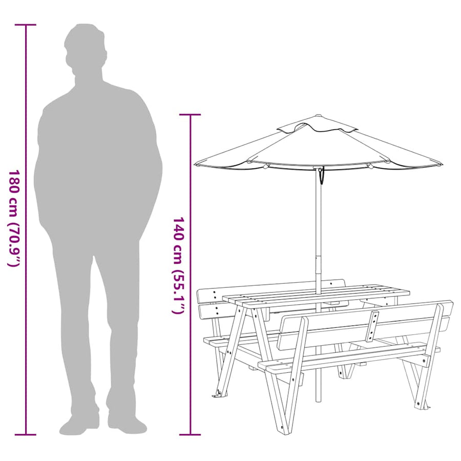 Picknicktafel Voor 4 Kinderen Met Parasol Massief Vurenhout bruin en meerkleurig