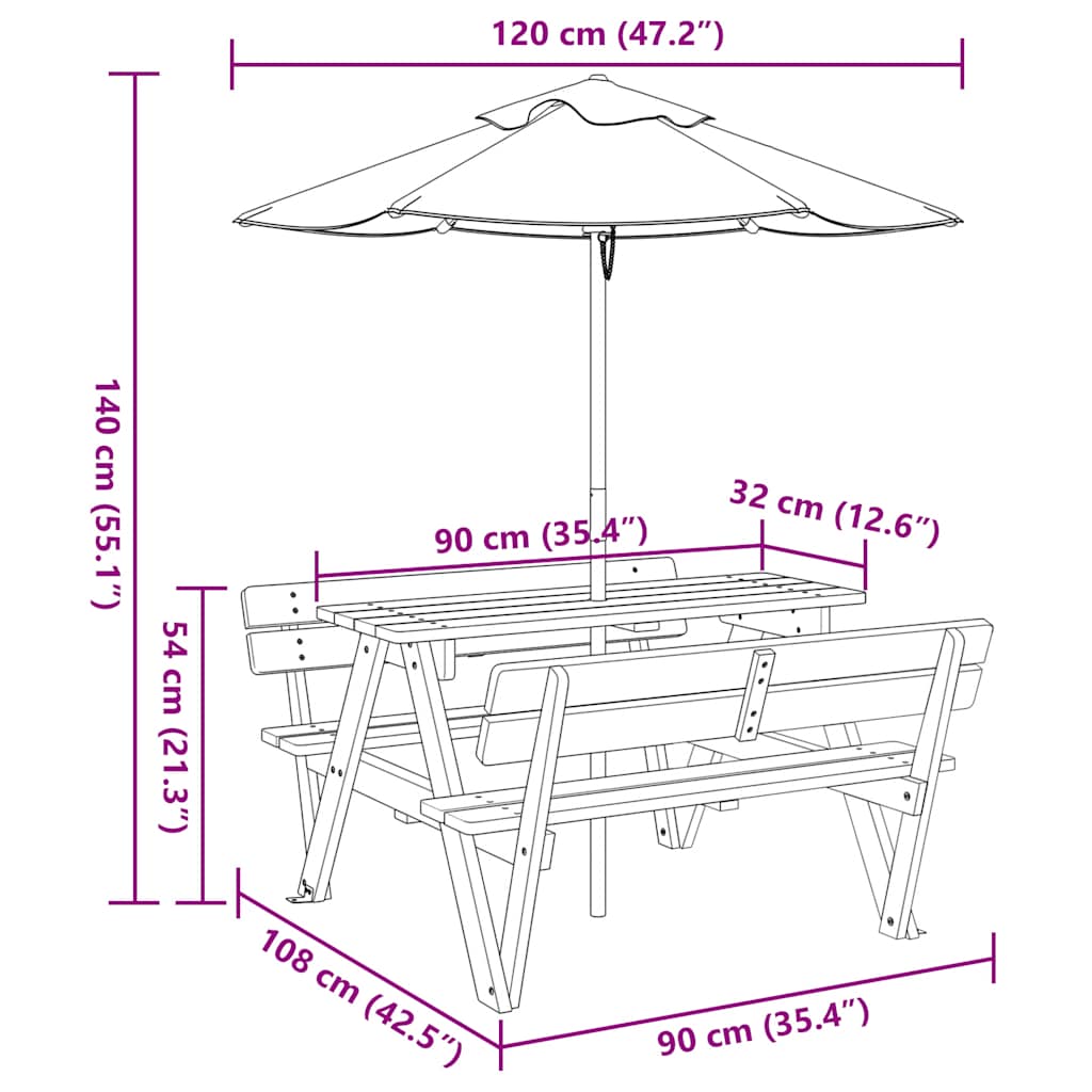 Picknicktafel Voor 4 Kinderen Met Parasol Massief Vurenhout bruin en meerkleurig