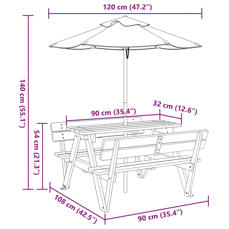 Picknicktafel Voor 4 Kinderen Met Parasol Massief Vurenhout bruin en meerkleurig