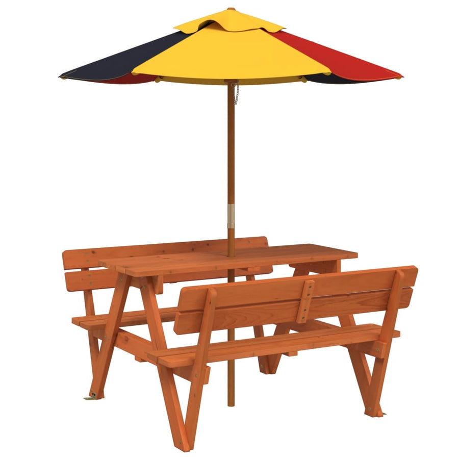 Picknicktafel Voor 4 Kinderen Met Parasol Massief Vurenhout donkerbruin en meerkleurig