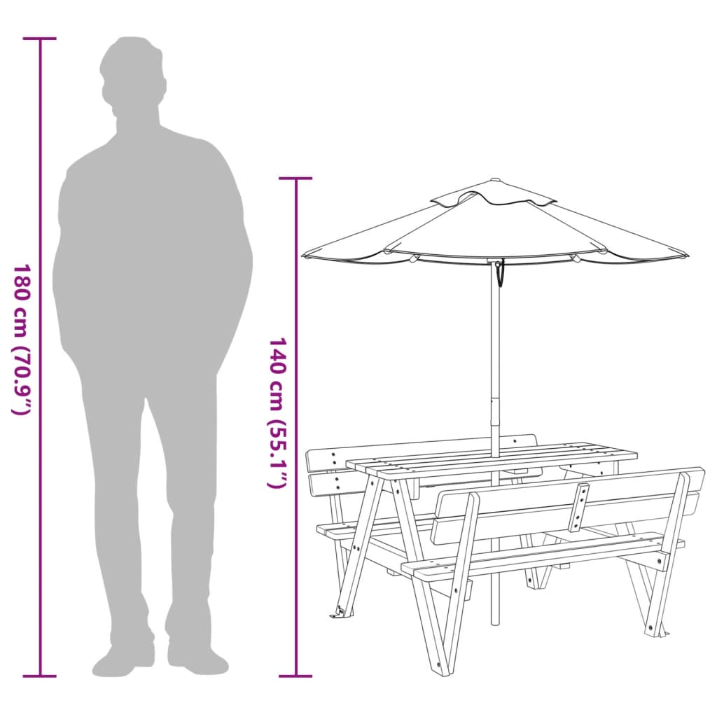 Picknicktafel Voor 4 Kinderen Met Parasol Massief Vurenhout donkerbruin en meerkleurig