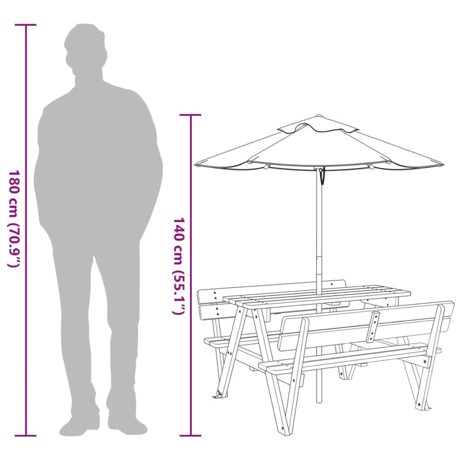 Picknicktafel Voor 4 Kinderen Met Parasol Massief Vurenhout donkerbruin en meerkleurig