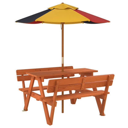 Picknicktafel Voor 4 Kinderen Met Parasol Massief Vurenhout donkerbruin en meerkleurig