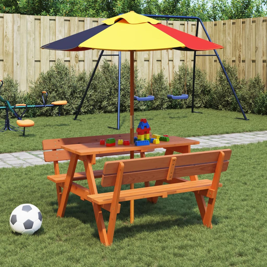 Picknicktafel Voor 4 Kinderen Met Parasol Massief Vurenhout donkerbruin en meerkleurig