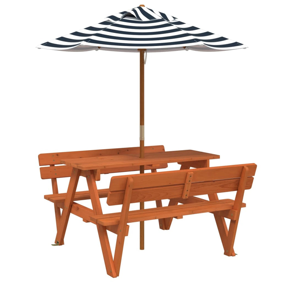 Picknicktafel Voor 4 Kinderen Met Parasol Massief Vurenhout donkerbruin en blauw