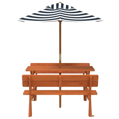 Picknicktafel Voor 4 Kinderen Met Parasol Massief Vurenhout donkerbruin en blauw