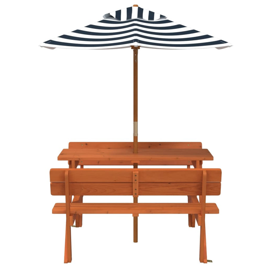 Picknicktafel Voor 4 Kinderen Met Parasol Massief Vurenhout donkerbruin en blauw