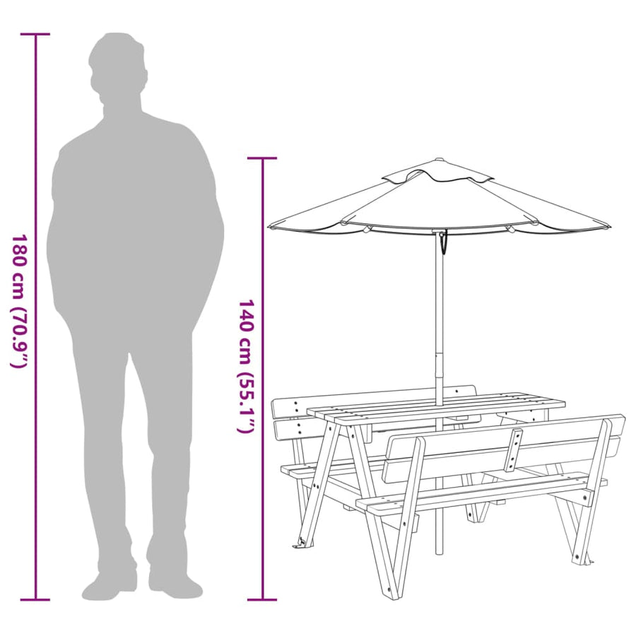 Picknicktafel Voor 4 Kinderen Met Parasol Massief Vurenhout donkerbruin en blauw