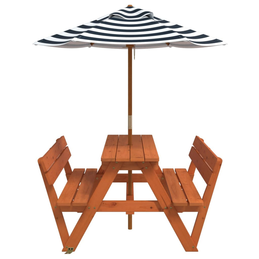 Picknicktafel Voor 4 Kinderen Met Parasol Massief Vurenhout donkerbruin en blauw