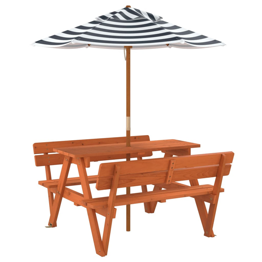Picknicktafel Voor 4 Kinderen Met Parasol Massief Vurenhout donkerbruin en blauw